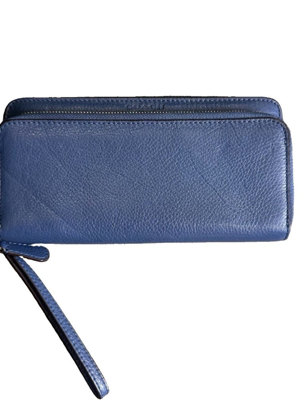 COACH Dark Blue Pebble Leather Zip Wallet